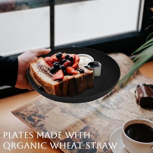 Homienly Dinner Plates Set of 8 Alternative for Plastic Plates Microwave and Dishwasher Safe Wheat Straw Plates for Kitchen Unbreakable Plate Set (Black, 10 inch) - Thumbnail 4