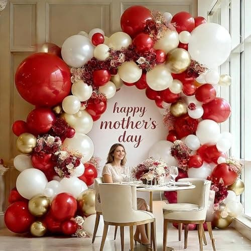 Red White Gold Balloon Garland Double Stuffed Burgundy Red White Sand Pearl Balloon Arch Kit Maroon Wine Balloons for Mother's Day Birthday Bridal Shower Wedding Graduation Party Decorations - Thumbnail 5
