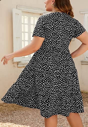 Younrui Plus Size Casual Summer Tiered Flowy Dresses for Women Short Sleeve Ruffle Hem Loose Fitting Babydoll Dress (1XL-1001-Black Floral) - Thumbnail 2