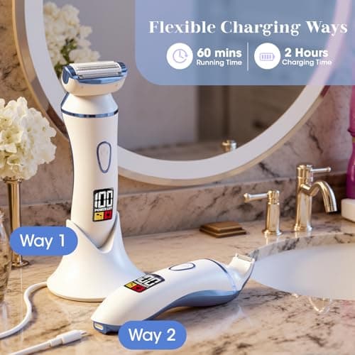 4 in 1 Electric Shaver for Women with Facial Brush, Electric Razor for Legs Underarm Pubic Hair, Bikini Trimmer IPX7 Portable Body Hair Removal, Wet & Dry Use, Rechargeable Grooming Kit, Light Blue - Thumbnail 4