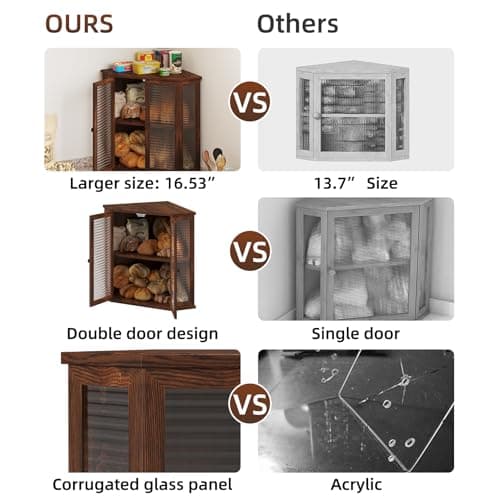 WouZglk Extra Large Corner Bread Box for Kitchen Countertop, 16.5 Inch Charred Pine 2-Tier Breadbox with Glass Wavy Door Panel, Vintage Farmhouse Style Wood Design (Pine Wood) - Thumbnail 6