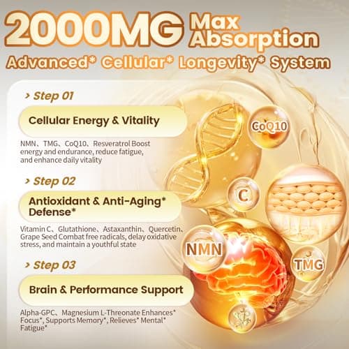 15-in-1 Liposomal NMN Supplement, 2000mg per* Serving*, 120 Day Supply, 99% Pure, NAD+ NMNH Alternative with Nicotinamide Mononucleotide, Resveratrol, TMG, CoQ10, Quercetin & Glutathione, 120 Capsules - Thumbnail 4
