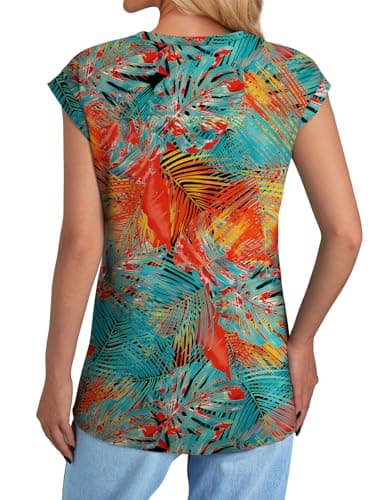 NORACORA Womens Spring Summer Floral Print Blouse Lightweight Cap Sleeve Shirts Dressy Casual Tunic Tshirts Shirts for Women Trendy Tropical Vacation Outfits Tropical Leaves XL - Thumbnail 6