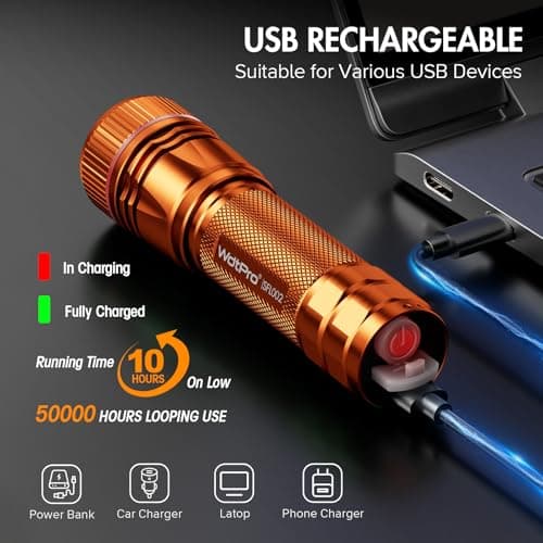 WdtPro Rechargeable Flashlights High Lumens, 1 Pack 10H Long Lasting Super Bright EDC Flashlights, LED Mini Tactical Flash Lights for Camping Emergency, Drop & Water Resistant Orange(Battery Included) - Thumbnail 4