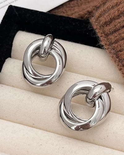 UANNEAU Chunky Silver Earrings for Women Trendy 14k Gold Plated Statement Triangle Stud Earrings Hypoallergenic Lightweight Geometric Vintage Drop Earring Jewelry - Thumbnail 4