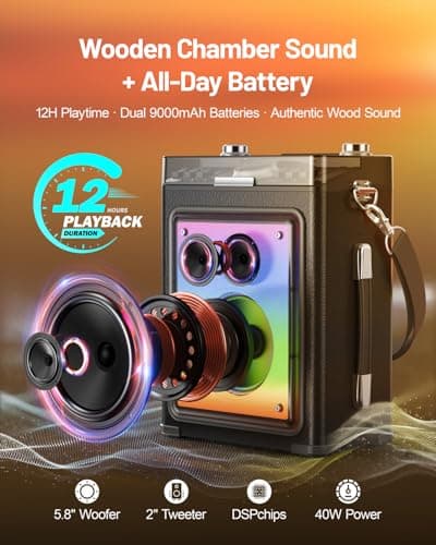 Metfut Karaoke Machine for Adults with 2 Wireless Microphones & Guitar Input, Professional Bluetooth 5.3 Speaker, Portable Wooden Karaoke PA System with Bass/Treble Adjustable for Backyard, Home Party - Thumbnail 3