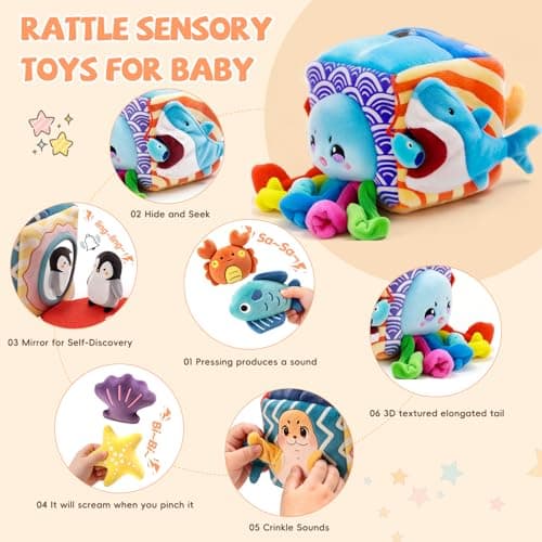 SAIMAND Baby Toys 6-12 Months–Mystery Soft Box with 5 Plush Marine Animals,Rattle,Crinkle Paper & Mirror–Montessori Sensory Toys for 6 Month Old Babies 1-3 Year Old Boy Girl Birthday - Thumbnail 4