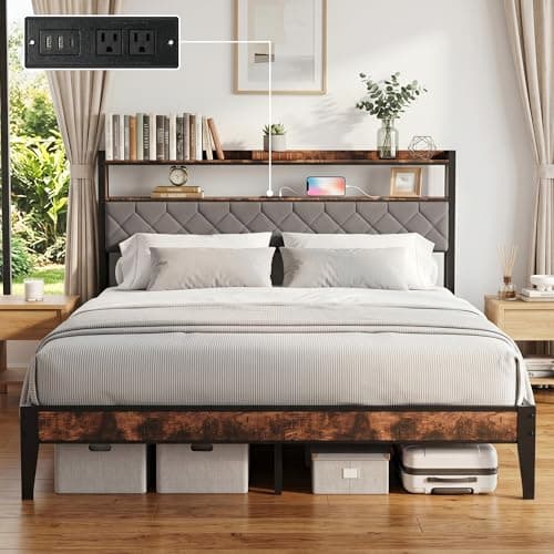 BOVONO King Size Bed Frame with Charging Station, King Bed Frame with Upholstered Headboard, Metal Platform Bed with 2-Tier Open Shelves, Large Under Bed Storage, Non-Slip Without Noise, Grey - Image 1