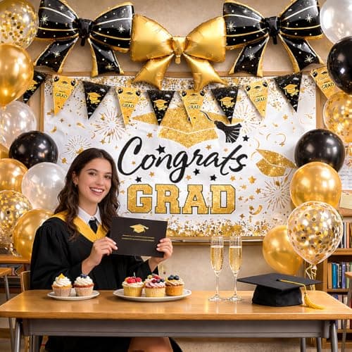 38Pcs Graduation Decorations 2026 Set - Congrats Grad Banner, Graduation Balloons, Backdrop, 6 Giant Bow Foil Balloons Class of 2026 Decorations Party Supplies for High School & College Black and Gold - Thumbnail 2