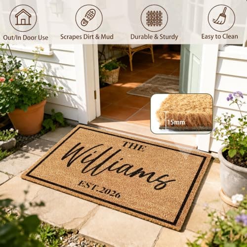 Fincekoom Personalized Natural Coco Coir Door Mat with Heavy Duty Backing Custom Non-Slip Front Door Welcome Mats for Outside Entrance or Porch Entry Housewarming Gift for Home Decor - Thumbnail 4