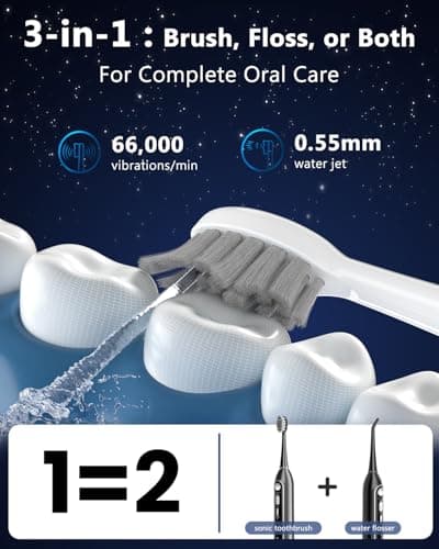 Electric Toothbrush with Water Flosser, 3-in-1 Sonic Brush & Oral Irrigator Combo for Adults, Cordless Brush & Floss System with 5 Brush Heads, 3 Modes, 30-Day Battery, for Braces & Sensitive Gums - Thumbnail 3