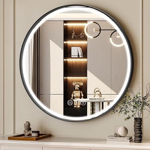 Habison 24 Inch Round Bathroom Mirror with Lights, Black Metal Framed Frontlit Circle Mirrors for Wall, Led Light Mirror with Anti-Fog, Memory Function, 3 Color Temperature, Dimmable Makeup Mirror - Image 1