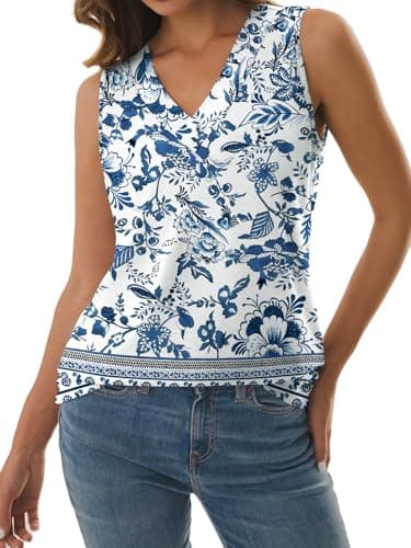 GKBK Womens Summer Tops Trendy Tank Tops Flowy V Neck t Shirts Vacation Outfits Flowy Sleeveless Tshirts Shirts Loose Fit Soft Dressy Blouses Blue-White Floral XXL - Thumbnail 4
