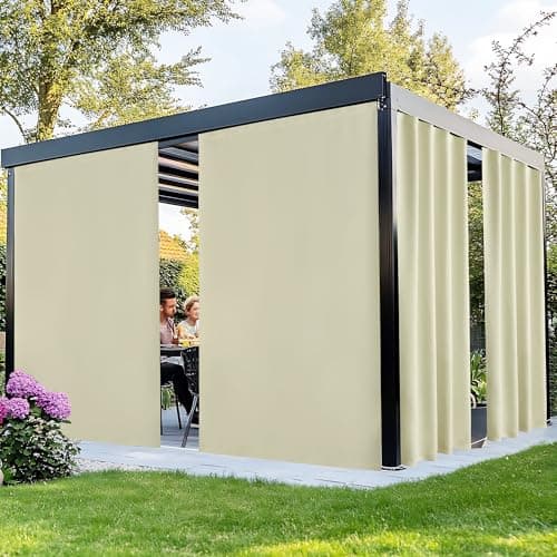 NICETOWN Rod-Free Outdoor Curtains for Patio Waterproof, Sticky Top & Back Tab Bottom with Free Rope for Wind Resistance, Weatherproof Drapes for Gazebo/Porch, W66 x L84 in, Light Beige, 2 Panels - Image 1