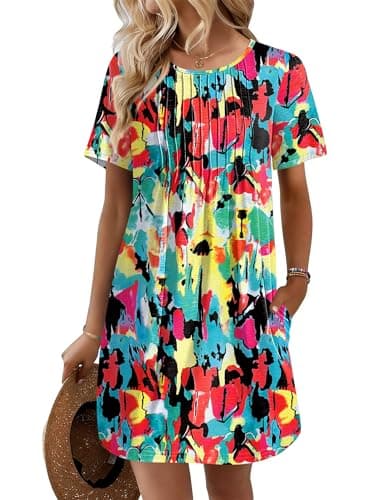 Ekouaer Swimsuit Coverup for Women 2026 Short Sleeve Bathing Suit Cover Ups Beach Summer T-Shirt Dresses with Pockets Colourful L - Image 1