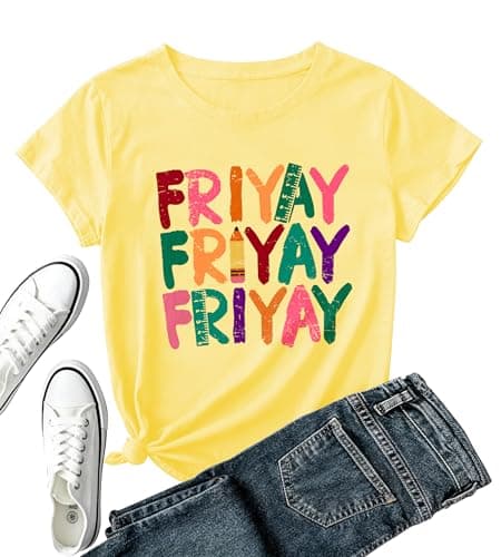 Happy Friyay Teacher Shirt Women-Funny Friday Weekend Short Sleeve Teacher Appreciation Gift Tops C-Yellow - Image 1