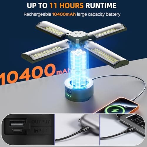 T-SUN Rechargeable Camping Light with Stand, 4 LED Lamp Heads for Wider, Camping Light with Tripod, Olive Green Portable Tent Light with Magnetic Base for Campsite, Hiking, Fishing, Emergency - Thumbnail 5