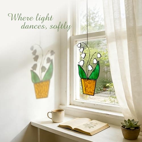 Lily of The Valley Stained Glass Suncatcher - Classic Tiffany Style, 8 Inch Real Handmade Glass with Copper Foil, Natural Black Edged Window Hanging, Gift for Plant Lovers, Mom, Grandma - Thumbnail 2