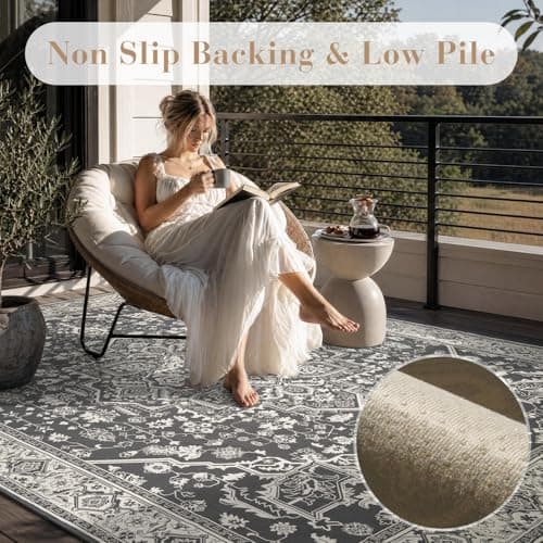 AMOAMI-Outdoor Rug-Patio Rug 5x8 ft Quick Dry Flatweave Textured Machine Washable Outdoor Carpet with Rubber Particles Backing Vintage Outdoor Area Rug for Patio Deck Front Porch Balcony Greyish Black - Thumbnail 4