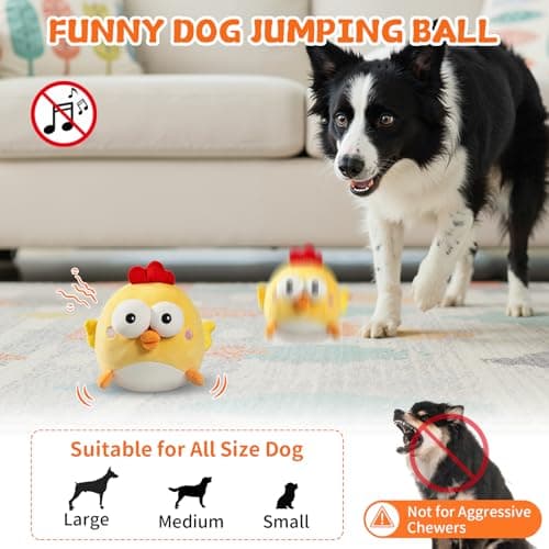 VOXGET Interactive Dog Toy Ball, Upgrade Automatic 1.5H Jump Plush Toy with Removable Zipper for Small Large Dogs, Rechargeable Squeaky Move Bounce Ball for Pets Keep Busy, No Loud Music (Chicken) - Thumbnail 3