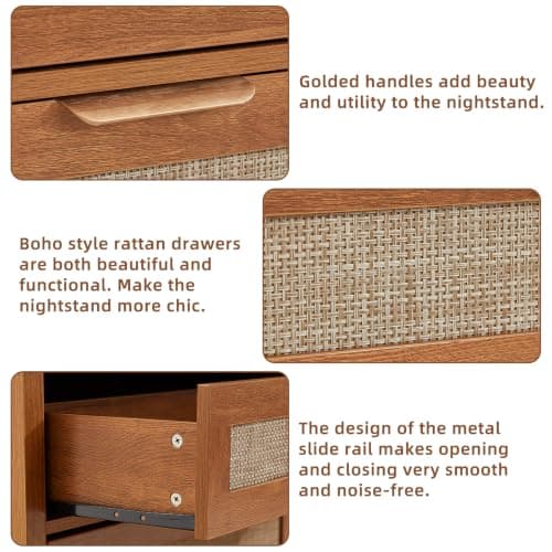 LEYAOYAO 31.5" Wide Rattan Nightstand, Large Boho 3 Drawer Night Stand, Tea Brown Bedside Table with Storage, Tall Bed Side End Tables, Chest of Drawers Dressers for Bedroom, Living Room, Hallway - Thumbnail 4