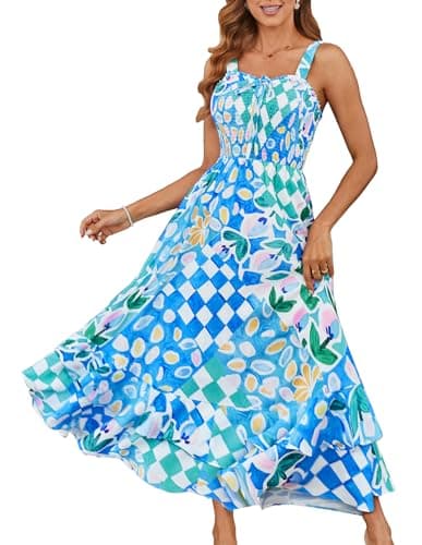 GRACE KARIN Women's 2026 Summer Floral Boho Dress Square Neck Strapped Swing A Line Sundress Beach Long Maxi Outfits Blue Green 2XL - Image 1