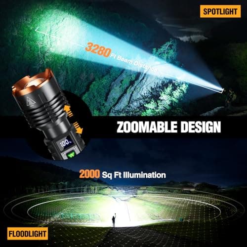 WdtPro Rechargeable LED Flashlights High Lumens, Super Bright 90000LM Rechargeable Flashlight with LCD Display, 5 Modes & Waterproof Powerful 10000mAh Handheld Flashlight for Camping Emergency - Thumbnail 2