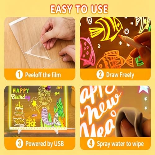 Kids LED Acrylic Glow Doodle Drawing Board, 7.88x7.88 Inch Dry Erase Pad - Thumbnail 4