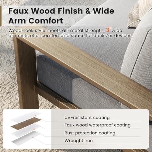 UDPATIO 6 Piece Patio Furniture Set, Faux Wood Metal Outdoor Sectional Sofa with 6" Thick Olefin Cushions, Wide Armrest & Coffee Table, L Shaped Outdoor Furniture for Garden, Backyard Dark Grey - Thumbnail 3