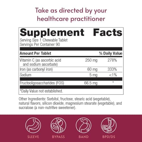 Bariatric Advantage Chewable Iron 60 mg with Vitamin C for Increased Absorption and Utilization, Easily Digestible for Gastric Bypass and Sleeve Gastrectomy Surgery Patients - Lemon Lime, 90 Count - Thumbnail 4