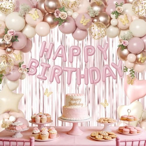 Dusty Pink and Gold Birthday Decorations for Women Girls, Dusty Pink Blush Rose Gold Sand White Gold Foil Confetti Balloons Happy birthday Banner Gold Butterfly Fringe Curtains Birthday Decorations - Thumbnail 4