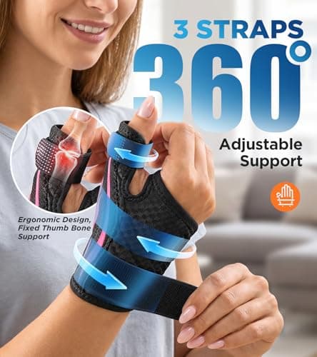 FITSOON Thumb Support Brace | Upgraded Thumb Spica Splint Stabilizer Pain Relief Night Support for De Quervain’ s Tenosynovitis Trigger Finger Arthritis Sprains | Breathable Fabric (Pink/Black, S/M _ Fit both hands) - Thumbnail 2