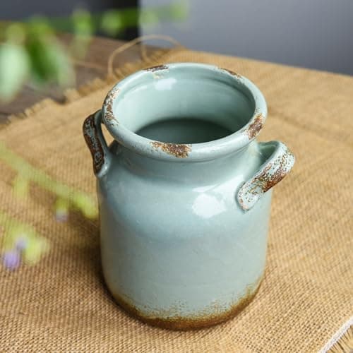 Quoowiit Ceramic Rustic Farmhouse Vase, Distressed Decorative Flower Vases for Home Decor, Ideal Shelf Decor, Green Boho Vase for Living Room Bedroom Kitchen Office Centerpiece Table Decorations - Thumbnail 3