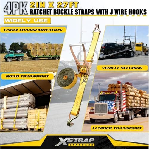 XSTRAP STANDARD 4 Pack 2" x 27' Industrial Tie Down Straps, Heavy Duty Ratchet Straps with Double J Hooks, 3333 LBS Working Load, 10000 LBS Break Strength, Long Handle Cargo Straps for Truck, Trailer - Thumbnail 2