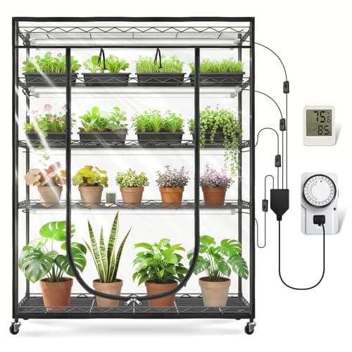 JESLED Indoor Greenhouse with Grow Light, 4FT Full Spectrum 5000K LED Light for Seed Starting, Tiered Lighting Control, Built-in Timer & Thermo-Hygrometer, Rolling Metal Plant Stand (47.2x13.8x70IN) - Image 1