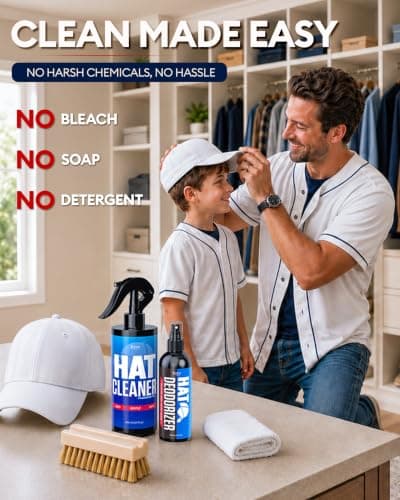 Jevvu Hat Cleaning Kit, Hat Cleaner & Deodorizer Spray for Baseball Caps, Sweat Stain Remover for Felt & Cowboy Hats, Snapbacks, Fitted & Trucker Hats, with Brush & Microfiber Cloth - Thumbnail 4