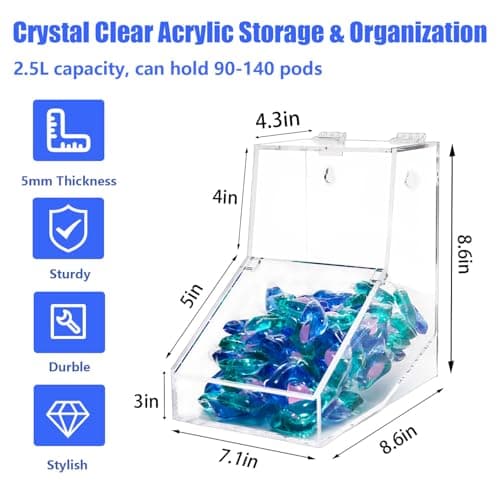 Laundry Pods Container, Acrylic Candy Dispenser Holder with 2 Lids, Dishwasher Pod Holder, Coffee Pod Holder, Laundry Pod Holder for Laundry Room, Kitchen, Home (1pcs, 8.6"L x 7.1"W x 8.6"H) - Thumbnail 2