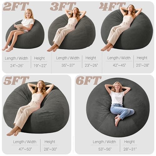 Homguava 4FT Bean Bag Chairs for Adults Teardrop BeanBag Chair Comfy Memory Foam Bean Bags Two-Tone Distressed Velvet&Corduroy Washable Cover for Living Room, Home (Distressed Velvet, Dark Grey) - Thumbnail 2