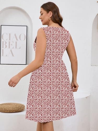 AusLook Plus Size Women Summer Dress Sleeveless V Neck Casual Cute Loose Sundress Maple Leaf 1X Comfy Swing Button Down Midi Work Flowy Tunic Ladies Beach Vacation Teacher Dresses with Pockets - Thumbnail 2