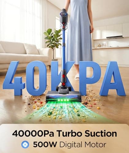 Slivamo S10 Cordless Vacuum Cleaner, 40KPA/500W/45Mins, LED Display, 8-in-1 Lightweight Stick Vacuum Cleaners for Home with Green LED Light, 6-Stages Filtration, Self-Standing Design, Blue - Thumbnail 3
