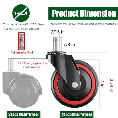 TESUMI Office Chair Wheels 3 Inch Hard PA Wheels Chair Casters Replacement, Heavy Duty Quiet No Scratch Gaming Chair Wheel for Hardwood Floor Carpet, Set of 5, Universal Fit/Not for 1KEA//Tangle-Free - Thumbnail 3