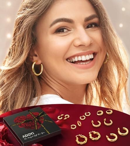 adoyi Gold Hoop Earrings Set for Women Gifts 14K Gold Plated Jewelry Sets Twisted Huggie Hoop Earrings Lightweight Valentine Anniversary Birthday Friendship Gift for Women - Thumbnail 2