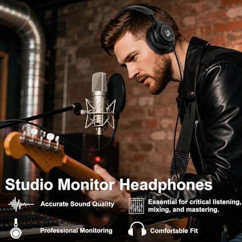 BeAttack Wired Over Ear Headphones Studio Monitor & Mixing DJ Stereo Headsets with 50mm Drivers and 1/4 to 3.5mm Jack for Cellphone Type C AMP Computer Recording Podcast Keyboard Guitar Laptop Black - Thumbnail 4
