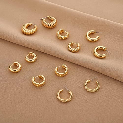 Wgoud Chunky Hoop Earrings Set 14K Gold Plated Hoop Earrings for Women Hypoallergenic, Thick Hoops Earring set, Twist Huggie Hoop Earring (6 Gold Chunky Hoops) - Thumbnail 4