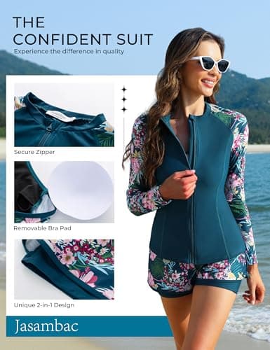 JASAMBAC Plus Size Rash Guard Swimsuit Women, 3 Piece Swimsuits Bathing Suit Long Sleeve, Full Coverage Swimming Suits with Swim Shirt - Thumbnail 4