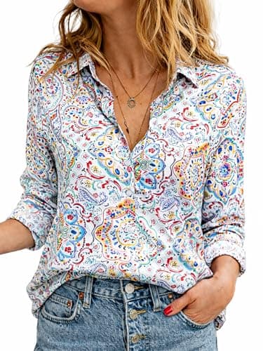 CUNLIN Women Dressy Casual Blouses Button Down Shirts Boho Puff Long Sleeve Spring Tops Fashion Floral Silk Blouse Colorful Mosaic Paisley Size XS - Image 1