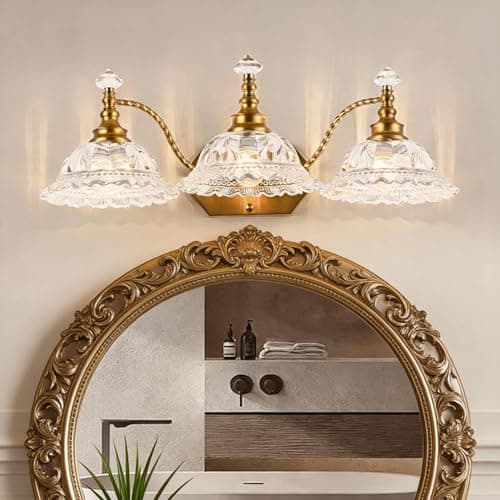 PUAMUBUA Vintage Bathroom Vanity Light Fixtures, 3-Light Brass Light Fixtures Over Mirror with Crystal Glass Flower Shade, Mid Century Farmhouse Wall Mount Lighting for Living Room, Kitchen - Image 1