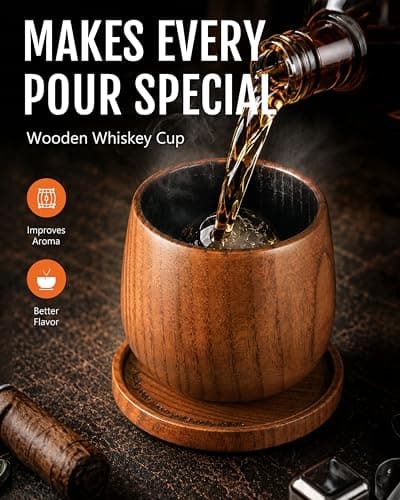 Gaialoop Charred Wooden Bourbon Drinking Glass Gift Set for Men, Handcrafted Wood Whiskey Cup with Whiskey Stones & Ice Ball, Artisan Smoke Whiskey Tumbler, Unique Bourbon Gifts for Men, Dad, Husband - Thumbnail 3