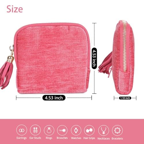 ASINGYER Travel Jewelry Storage Bag for Women, Velvet Portable Jewelry Organizer with Tassel Zipper, Small Pouches for Bracelets Necklaces Rings Earrings, Wedding Gift for Women (hot pink) - Thumbnail 6