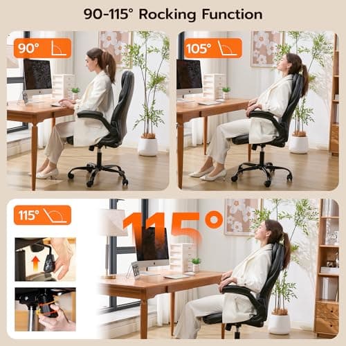Office Desk Chair, Ergonomic Computer Chair with Padded Flip-Up Arms and Adjustable Lumbar Support, PU Leather Executive Chair with Tilt Lock and 360° Swivel Rolling Wheels for Work, Study - Thumbnail 4
